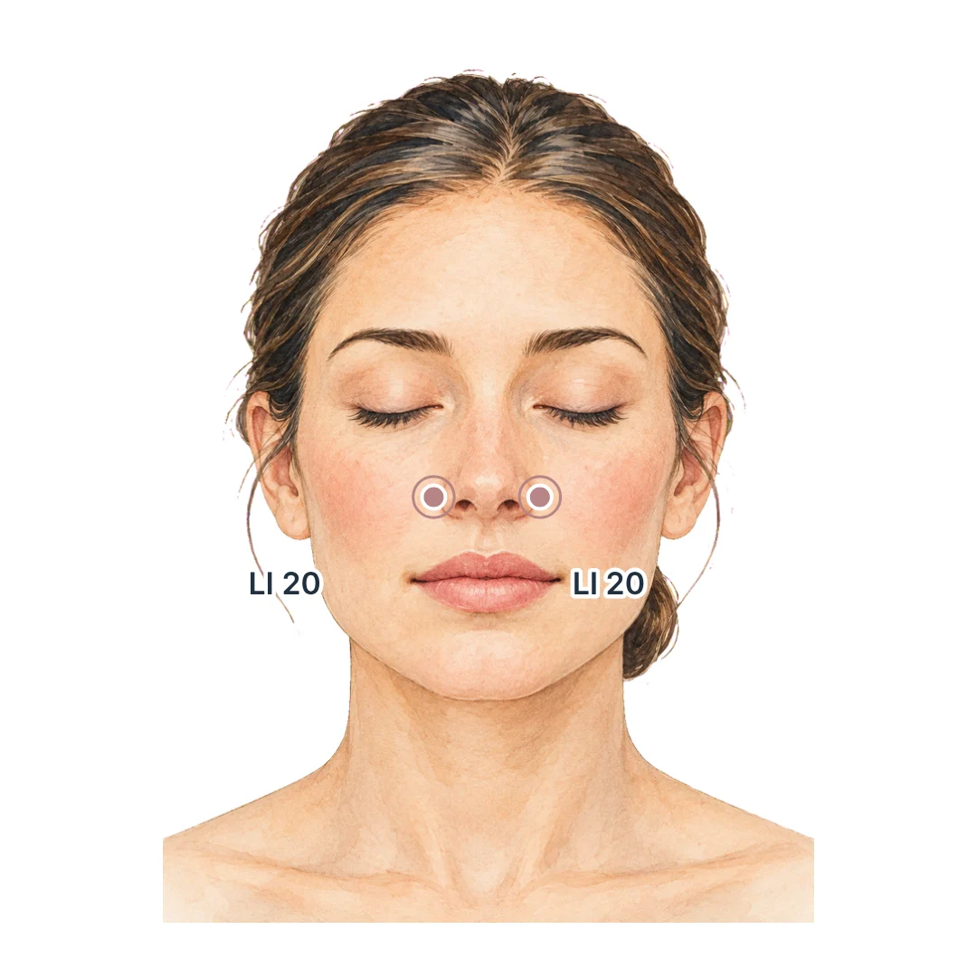 Acupressure point LI 20 on both sides of the nose, in the groove beside each nostril