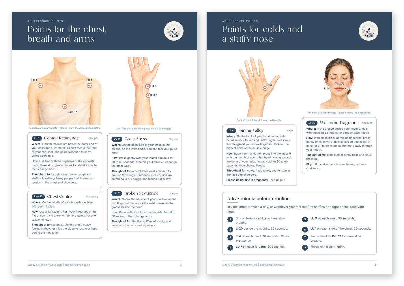 Inside pages of the Autumn and the Lungs guide, showing acupressure points on the chest, wrist, hand and face
