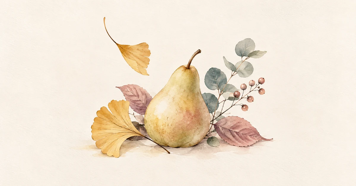 Watercolour of a pear with ginkgo, eucalyptus and autumn leaves, representing autumn and the Lungs in Chinese medicine